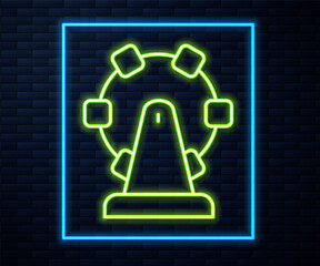 Glowing neon line Ferris wheel icon isolated on brick wall background. Amusement park. Childrens entertainment playground, recreation park. Vector.