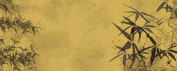 chinese traditional ink background with bamboos and stained ink style on ancient yellow draw paper