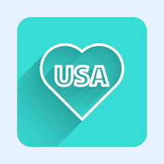 White line USA Independence day icon isolated with long shadow. 4th of July. United States of America country. Green square button. Vector.