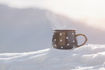 Cup of hot tea in the fresh snow, winter background