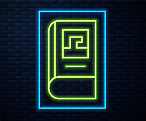 Glowing neon line Greek history book icon isolated on brick wall background. Vector.