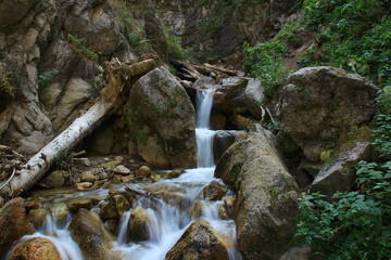 A small waterfall among the huge rocks and stones in a alpine Monk's gorge in summer, Talgar, Kazakhstan