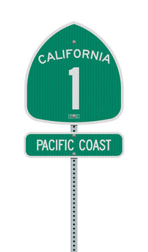 Vector illustration of the Pacific Coast and California State Highway green road signs on metallic post