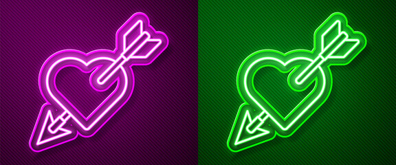 Glowing neon line Amour symbol with heart and arrow icon isolated on purple and green background. Love sign. Valentines symbol. Vector.