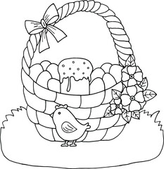 Hand drawn vector Easter basket with eggs, flowers, bow and the chicken near it on the grass. Picture for coloring.