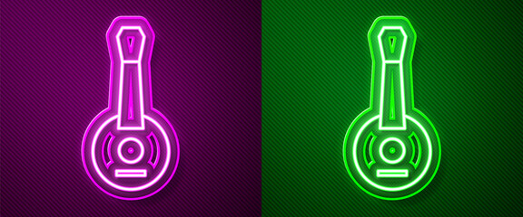 Glowing neon line Banjo icon isolated on purple and green background. Musical instrument. Vector.