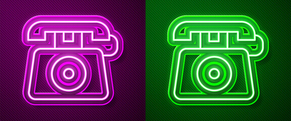 Glowing neon line Telephone with emergency call 911 icon isolated on purple and green background. Police, ambulance, fire department, call, phone. Vector.