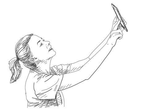 girl with tablet doing selfie, vector sketch hand drawn