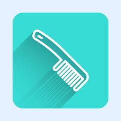 White line Hairbrush icon isolated with long shadow. Comb hair sign. Barber symbol. Green square button. Vector.