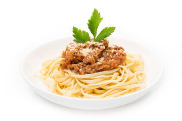 Plate of spaghetti bolognese in tomato sauce i on a white background