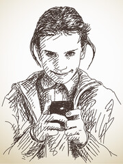 teenage girl using smart phone vector sketch