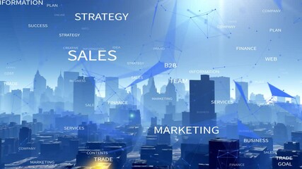 4k urban building and skyscrapers;business strategy word tag cloud.abstract tech geometrical lines nodes with moving triangles and connection dots.