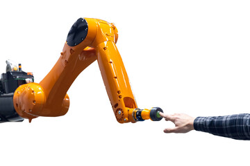 Cyber communication futuristic touches robot arm human operator hand in artificial intelligence unifying gesture