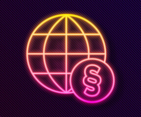 Glowing neon line International law icon isolated on black background. Global law logo. Legal justice verdict world. Vector.