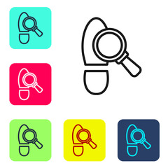 Black line Magnifying glass with footsteps icon isolated on white background. Detective is investigating. To follow in the footsteps. Set icons in color square buttons. Vector.