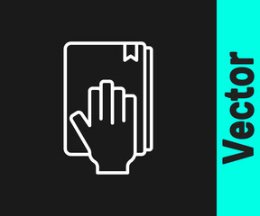 White line Oath on the Holy Bible icon isolated on black background. The procedure in court. Truth and truth. Promise before god. Vector.