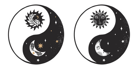 Set of ying and yang in boho style. Vector illustration. - obrazy, fototapety, plakaty