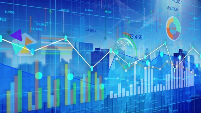 4K financial chart with tech city background;Business tech digital Data trend hud Graph;Changing Economic node line;Digital Tableau of Stock Market Values.