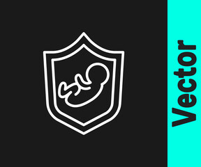 White line Baby on shield icon isolated on black background. Child safety sign. Vector.