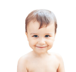 Portrait of happy one year old little child isolated on white background clipping path. Close up. happy cute laughing smiling baby infant face.