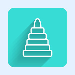 White line Pyramid toy icon isolated with long shadow. Green square button. Vector.