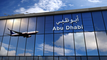 Airplane landing at Abu Dhabi United Arab Emirates, UAE airport mirrored in terminal