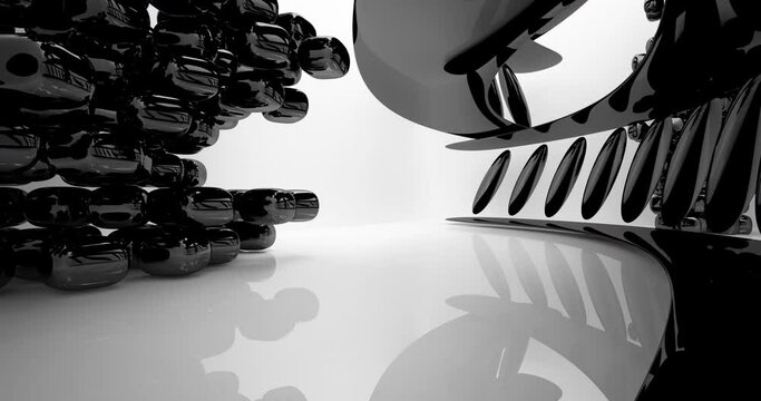 Luxury parametric abstract architectural minimalistic background. Contemporary showroom. Modern black  exhibition tunnel. Empty gallery. Backlight. 3D animation and rendering.