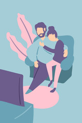 Valentine Day card with cozy couple at home, hand drawn vertical vector illustration. Long-term couple scene. St Valentine Day greeting postcard for wife or husband. 14 February concept card