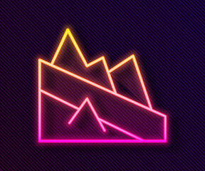 Glowing neon line Mountain descent icon isolated on black background. Symbol of victory or success concept. Vector.