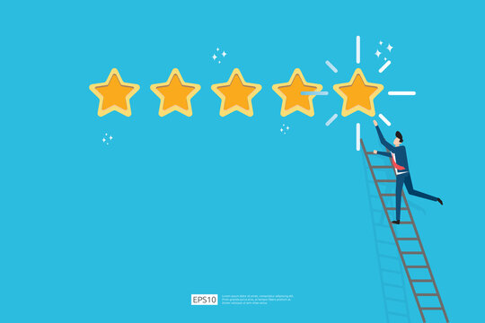 customer evaluating concept with five star good rating feedback. clients satisfaction and positive review experience with stars and flat man vector illustration