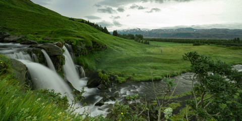 Panoramic view of  beautiful icelandic landscape and the Gluggafoss waterfall
