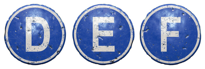 Set of public road sign in blue color with a capitol white letters D, E, F in the center isolated white background. 3d