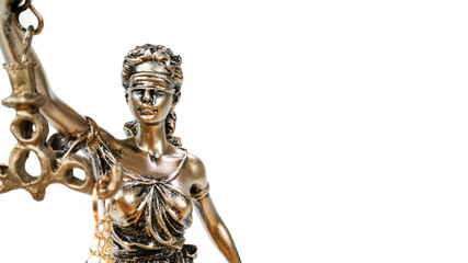 Statue of Lady justice named Justitia holding a Scales of Justice isolated on white background. Law and Legal concept.