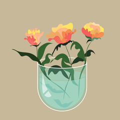 image of a transparent glass vase with three peony flowers in blue water