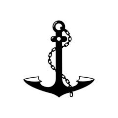 The anchor is large, metal with a chain. Black on white. Vector, isolated.