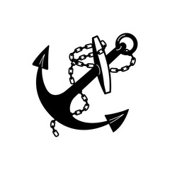 The anchor is large, metal with a chain. Black on white. Vector, isolated.