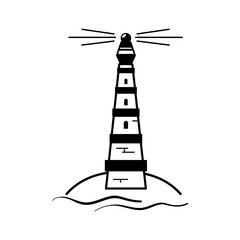 Lighthouse on the shore, simplified style. Black on white. Vector, isolated.