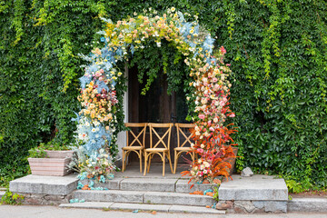 Wedding decorations. Wedding ceremony outdoors. Wedding arch