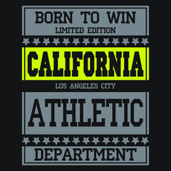 T shirt typography California graphic. Street graphic style Los Angeles. Fashion stylish print sports wear. College emblem sign. Retro. Template apparel, card, label, poster. Vector illustration.