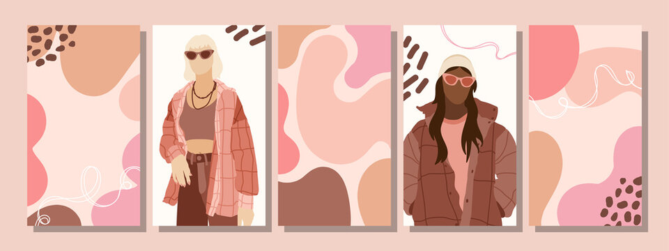 Set of Woman's Face minimalist collage abstract contemporary fashion in a modern trendy colors.