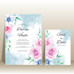 Romantic wedding invitation card template with watercolor flowers