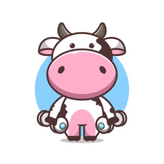 cute cow lifting barbell in right hand left, cartoon, vector eps 10