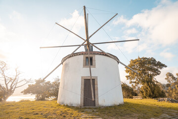 old windmill landscape in Galicia north of Spain on the Atlantic