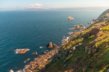 Beautiful landscape with cliff facing the sea and land in the background, in cabo ortegal, Galicia...