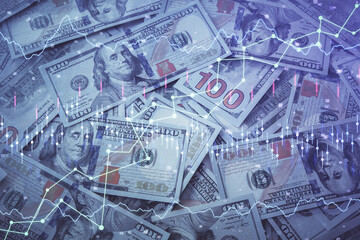 Double exposure of forex graph drawing over us dollars bill background. Concept of financial markets.