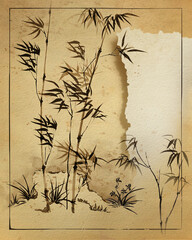 Young bamboo stems and scraps of old paper. Design in the style of traditional Japanese painting. Illustration.