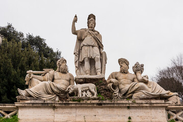 Close-up on ancient roman marble sculptures on square in Rome