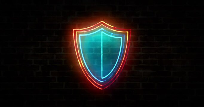 Cyber security with shield symbol, privacy protection and computer safety neon sign on brick wall loop concept. Abstract 3d rendering loopable and seamless icon animation.