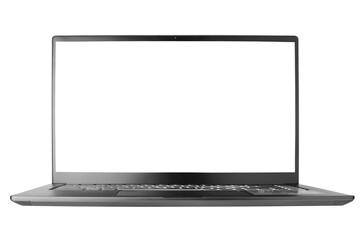 Laptop with blank screen on white background isolated close up front view, modern slim computer...