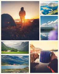 Collection collage of images from travel to Norway, woman traveler to scandinavian countries concept